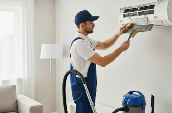 Profissional uniformizado com boné azul escuro em uma escada, realizando a limpeza minuciosa do filtro de um ar condicionado split com uma escova, e um aspirador de pó ao lado para a manutenção preventiva em uma sala.manutencao-preventiva