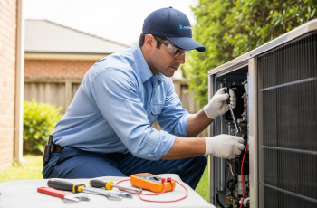 Técnico uniformizado e com EPIs (óculos, luvas) agachado, realizando manutenção preventiva e checando o motor da unidade condensadora externa de um ar condicionado em um jardim residencial.