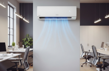 Ar condicionado split branco instalado na parede de um escritório moderno, climatizando o ambiente com fluxo de ar visível.